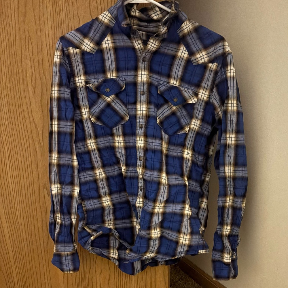 American Eagle Blue Button Down Plaid Shirt